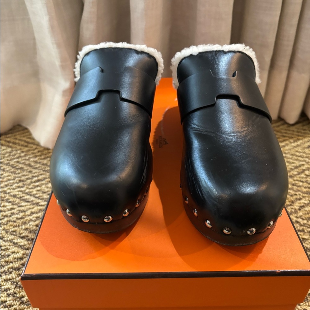 Hermes Cayla Black Shearling Lined Clogs